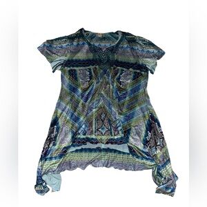 World Unity Size L Boho Tunic Top Length 28/37” Boho Rhinestones Poly Spandex D1